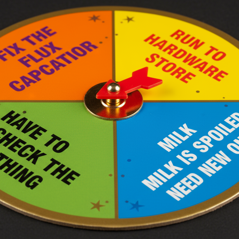 A SPINNER LIKE YOU'D FIND WITH A BOARD GAME.  IT HAS FOUR QUADRANTS THAT SAY DIFFERENT THINGS.  1 RUN TO HARDWARE STORE  2 MILK IS SPOILED NEED NEW ONE 3 HAVE TO CHECK THE THING 4 FIX THE FLEX CAPACITOR